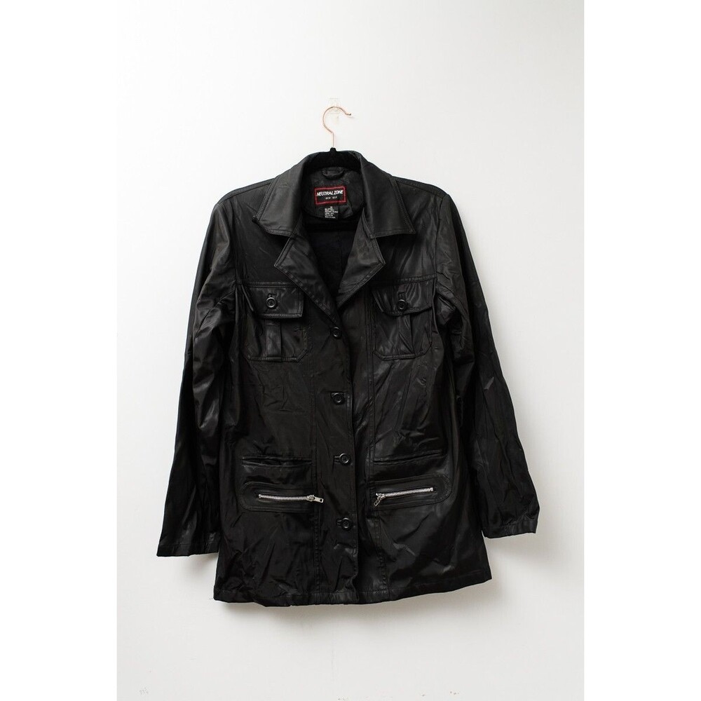 Neutral Zone Techvest Jacket Sz Medium Black pleather Coat no belt gorp
